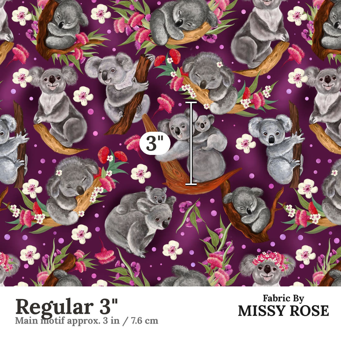 Design 1044 Floral Koala Fabric Regular 3 inch print scale guide | Fabric by Missy Rose