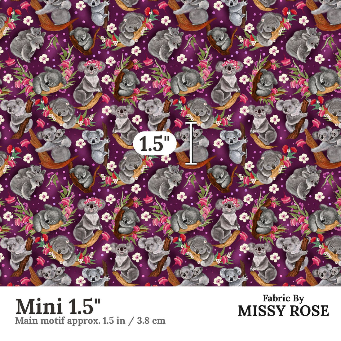 Design 1044 Floral Koala Fabric Mini 1.5 inch print scale guide | Fabric by Missy Rose