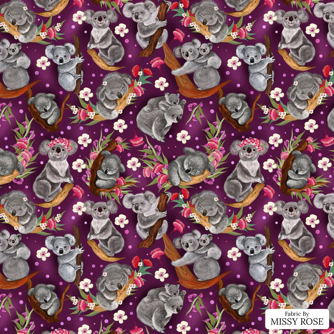 Design 1044 Floral Koala Fabric – flat view of the print, zoom in for detail | Fabric by Missy Rose