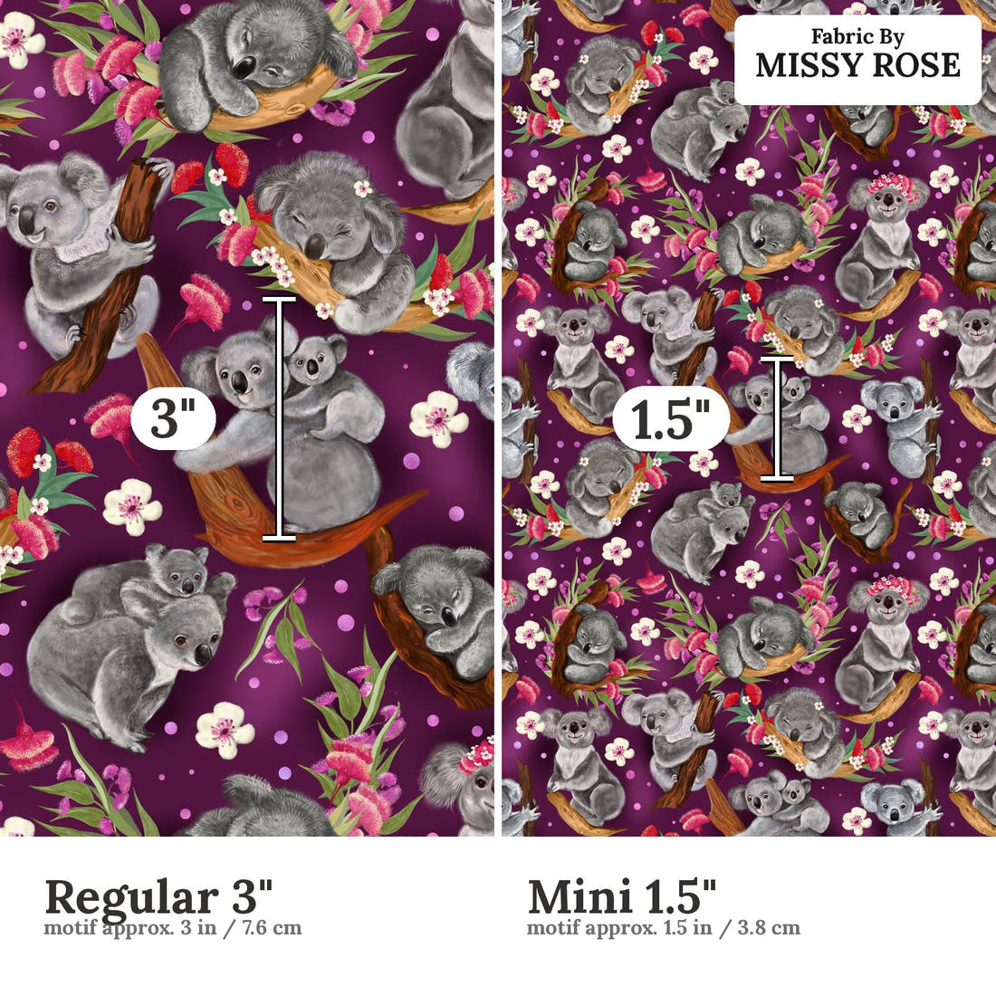 Design 1044 Floral Koala Fabric Regular 3 inch vs Mini 1.5 inch print scale side by side | Fabric by Missy Rose
