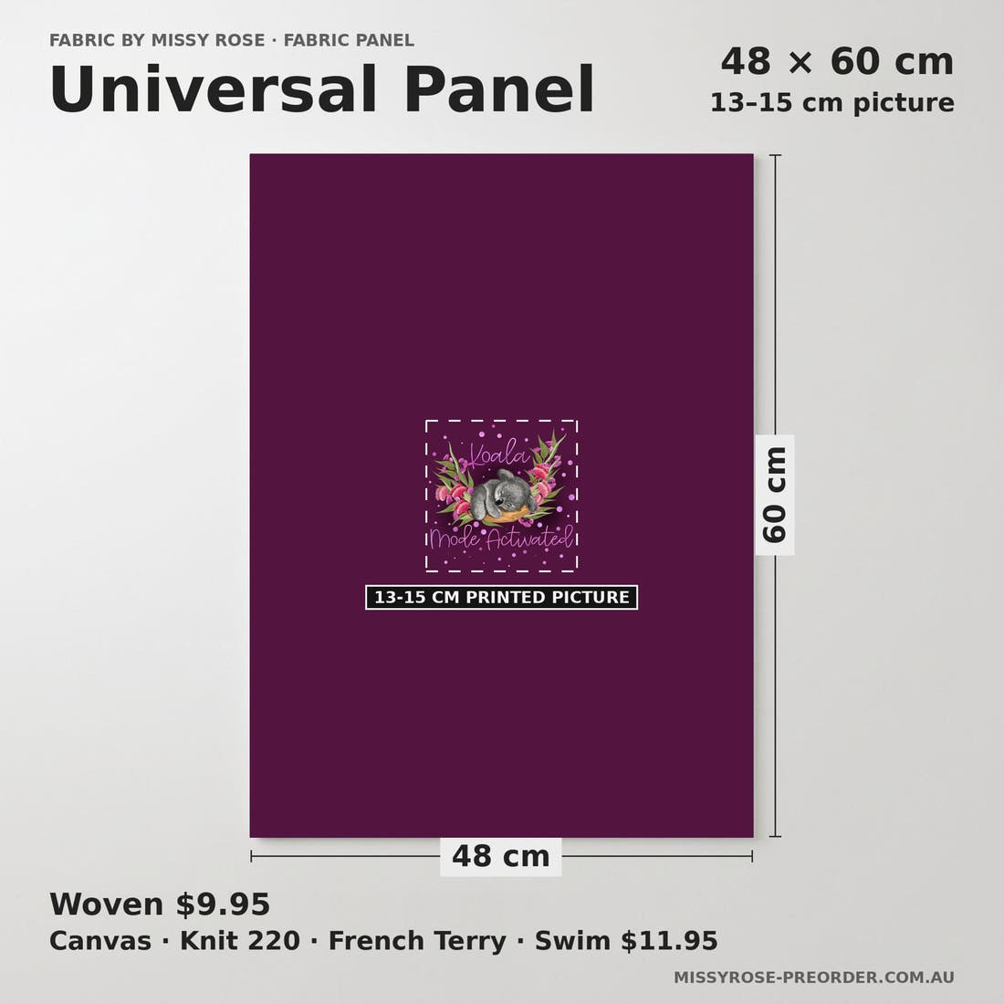 Design 1044 Floral Koala Panel universal panel sizing – 13–15 cm printed picture on 48 × 60 cm fabric | Fabric by Missy Rose