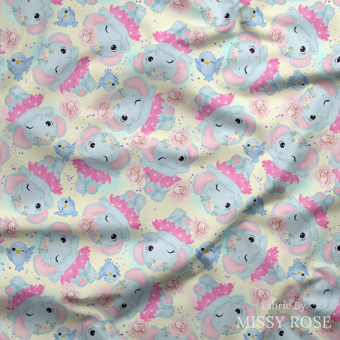 Design 1045 Yellow Elephant Fabric draped fabric mockup – custom printed fabric by the metre | Fabric by Missy Rose