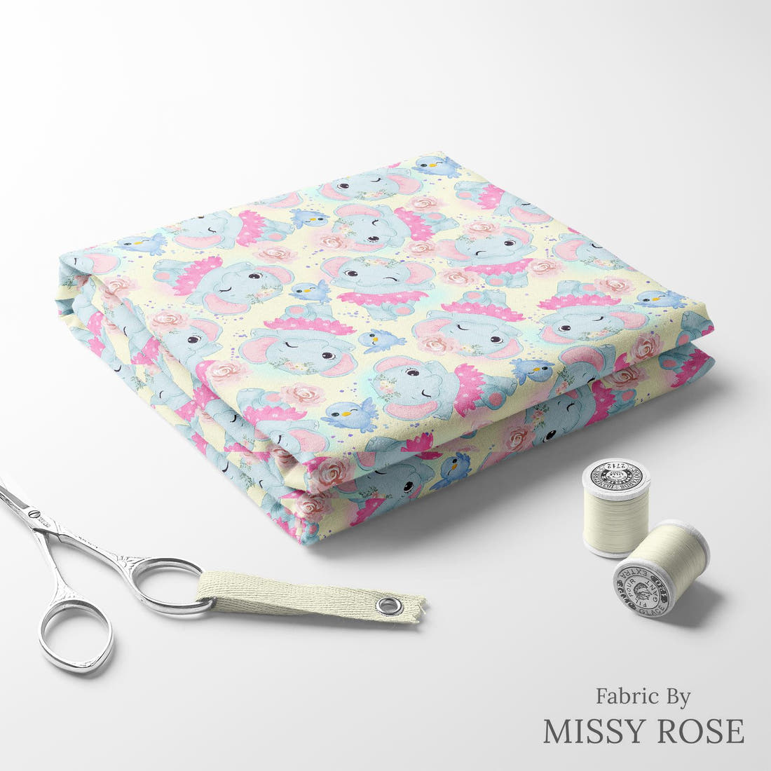 Design 1045 Yellow Elephant Fabric folded fabric stack with matching thread – pre-order fabric Australia | Fabric by Missy Rose