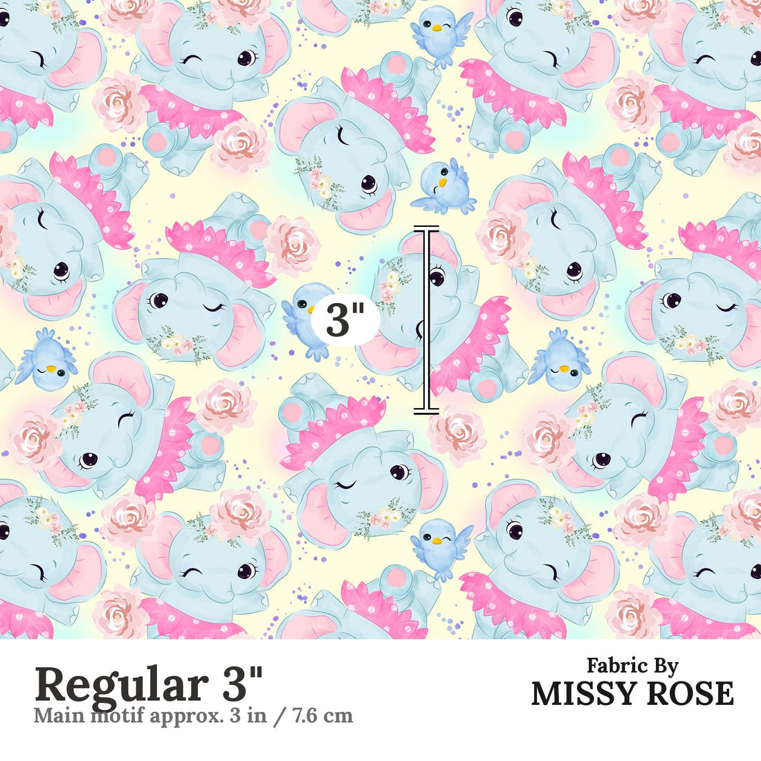 Design 1045 Yellow Elephant Fabric Regular 3 inch print scale guide | Fabric by Missy Rose