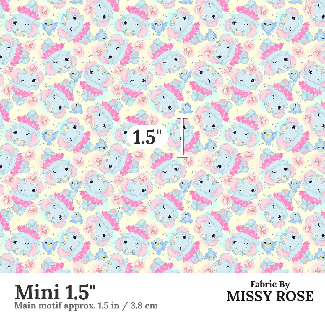 Design 1045 Yellow Elephant Fabric Mini 1.5 inch print scale guide | Fabric by Missy Rose