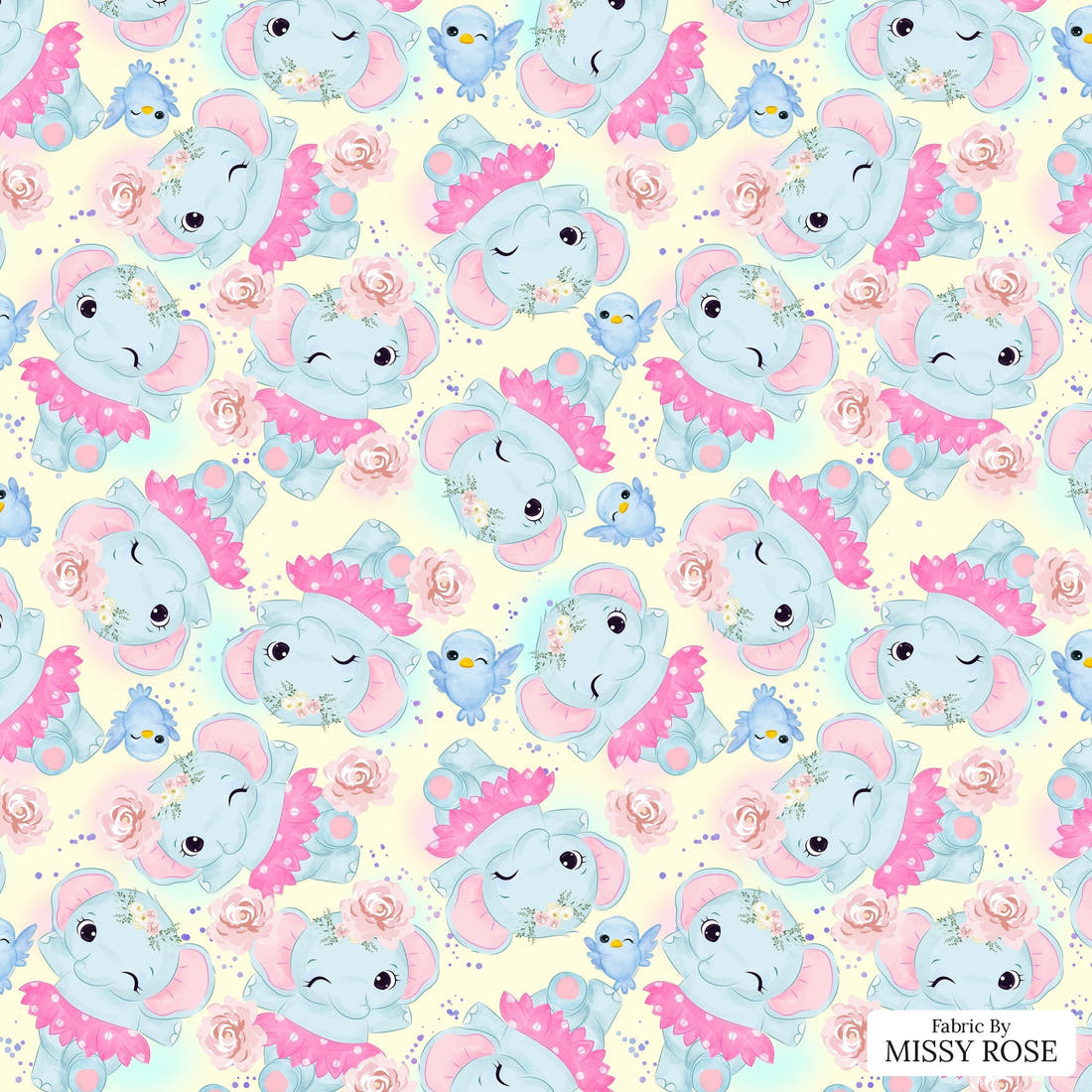 Design 1045 Yellow Elephant Fabric – flat view of the print, zoom in for detail | Fabric by Missy Rose