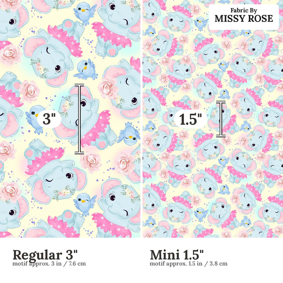 Design 1045 Yellow Elephant Fabric Regular 3 inch vs Mini 1.5 inch print scale side by side | Fabric by Missy Rose
