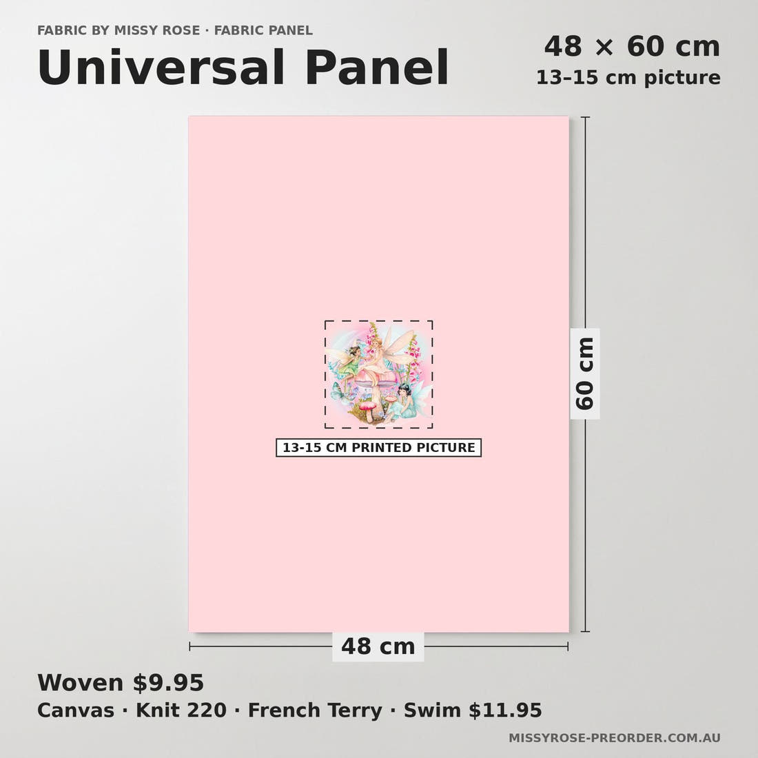 Design 1046 Whimsical Fairy Panel universal panel sizing – 13–15 cm printed picture on 48 × 60 cm fabric | Fabric by Missy Rose