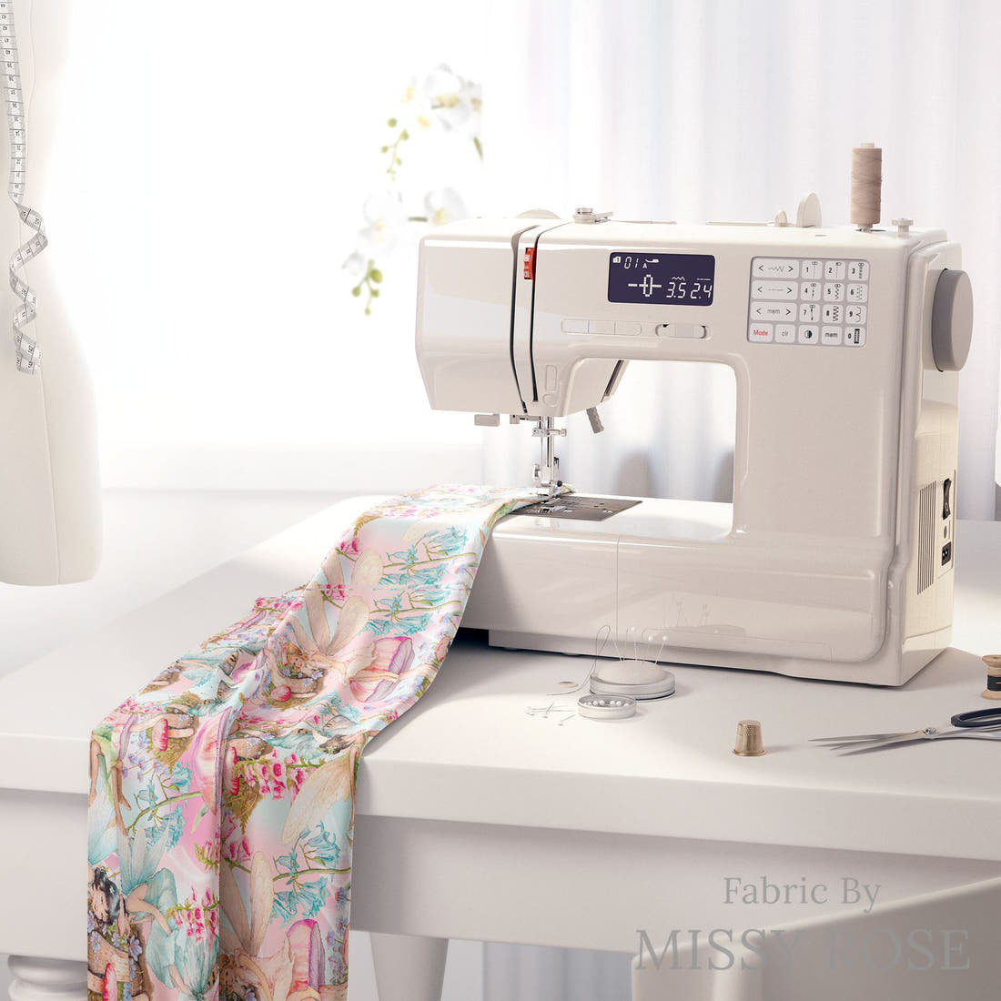 Design 1046 Whimsical Fairy Fabric on a sewing machine – premium fabric for sewing projects | Fabric by Missy Rose