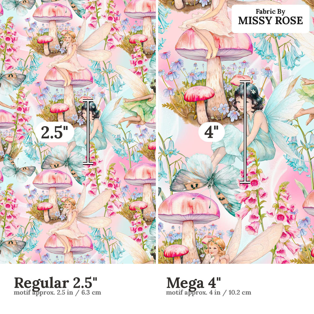 Design 1046 Whimsical Fairy Fabric Regular 2.5 inch vs Mega 4 inch print scale side by side | Fabric by Missy Rose