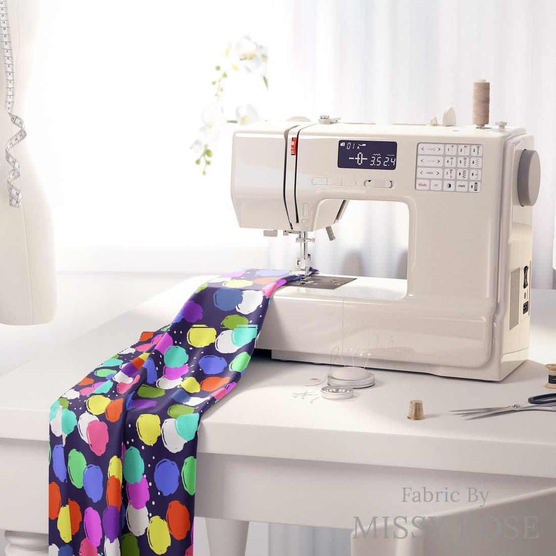 Design 1047 Geometric Fabric on a sewing machine – premium fabric for sewing projects | Fabric by Missy Rose