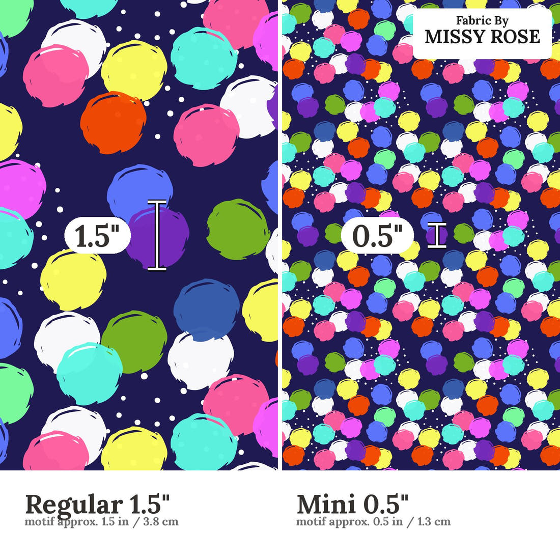 Design 1047 Geometric Fabric Regular 1.5 inch vs Mini 0.5 inch print scale side by side | Fabric by Missy Rose