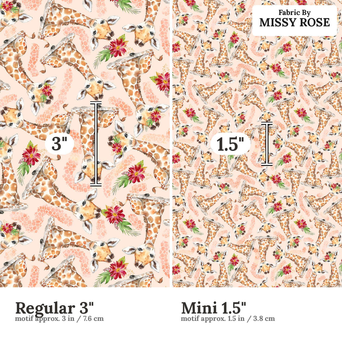 Design 1048 Giraffe Fabric Regular 3 inch vs Mini 1.5 inch print scale side by side | Fabric by Missy Rose