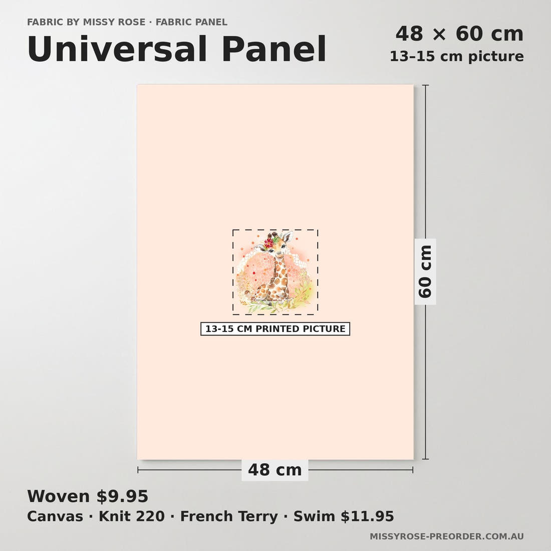 Design 1048 Giraffe Panel universal panel sizing – 13–15 cm printed picture on 48 × 60 cm fabric | Fabric by Missy Rose