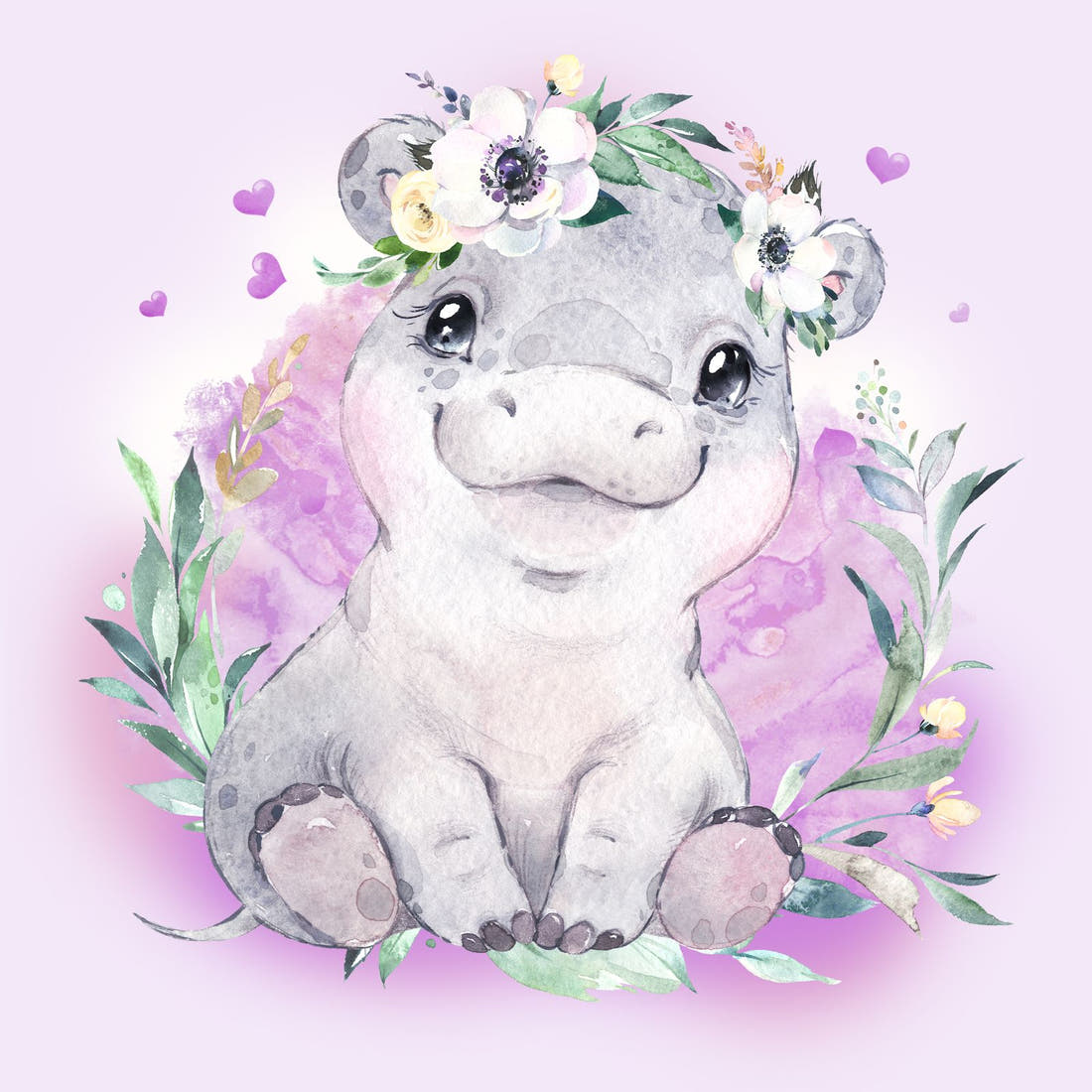 Design 1049 Purple Hippo Panel – full artwork close-up of the printed picture | Fabric by Missy Rose