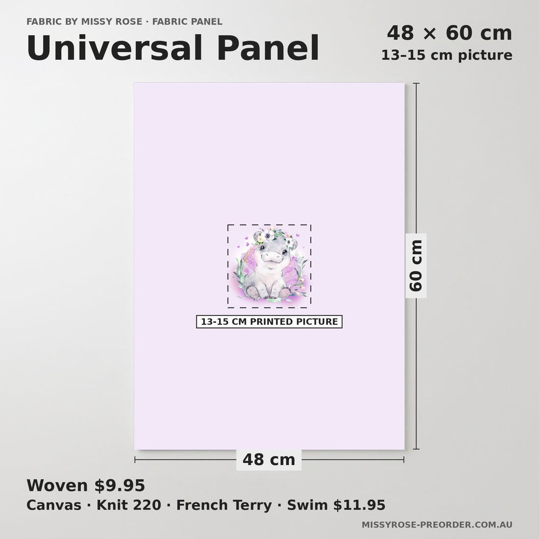 Design 1049 Purple Hippo Panel universal panel sizing – 13–15 cm printed picture on 48 × 60 cm fabric | Fabric by Missy Rose