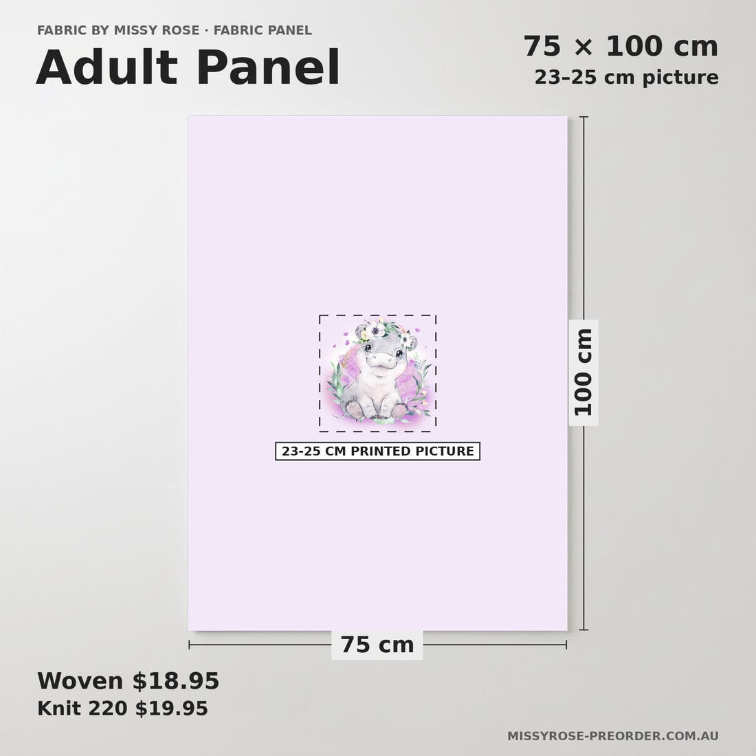 Design 1049 Purple Hippo Panel adult panel sizing – 23–25 cm printed picture on 75 × 100 cm fabric | Fabric by Missy Rose