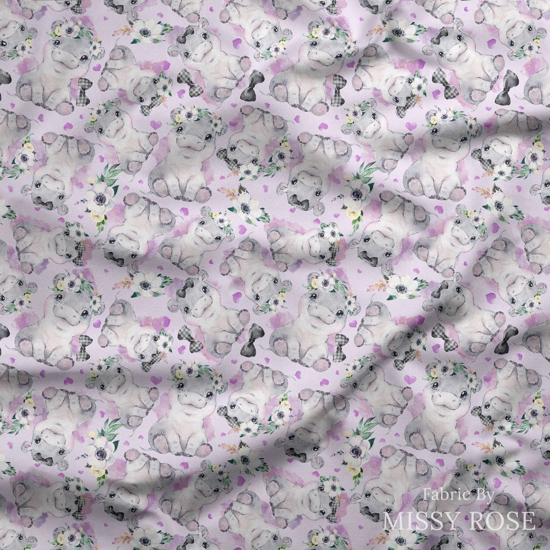 Design 1049 Purple Hippo Fabric draped fabric mockup – custom printed fabric by the metre | Fabric by Missy Rose