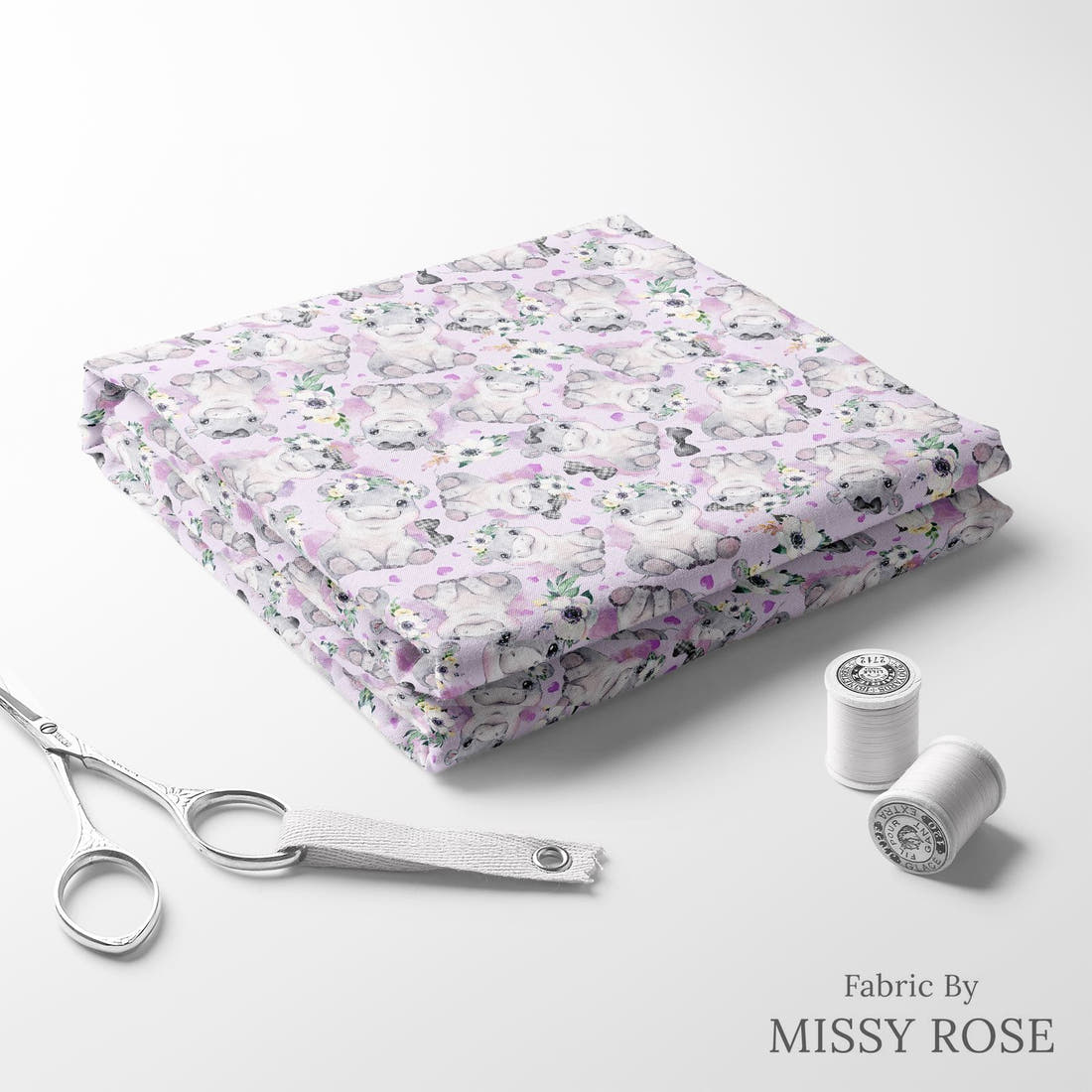 Design 1049 Purple Hippo Fabric folded fabric stack with matching thread – pre-order fabric Australia | Fabric by Missy Rose