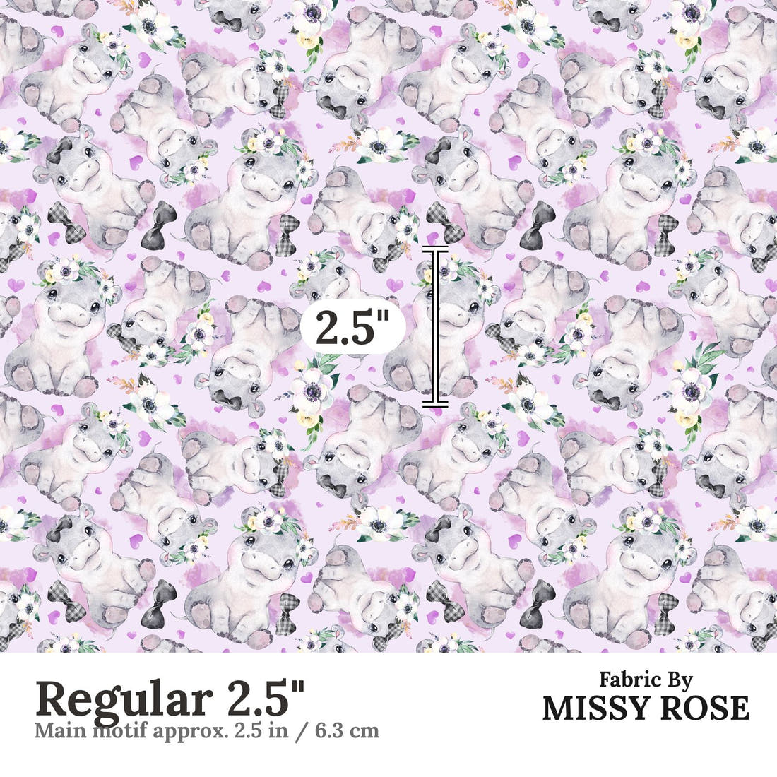 Design 1049 Purple Hippo Fabric Regular 2.5 inch print scale guide | Fabric by Missy Rose