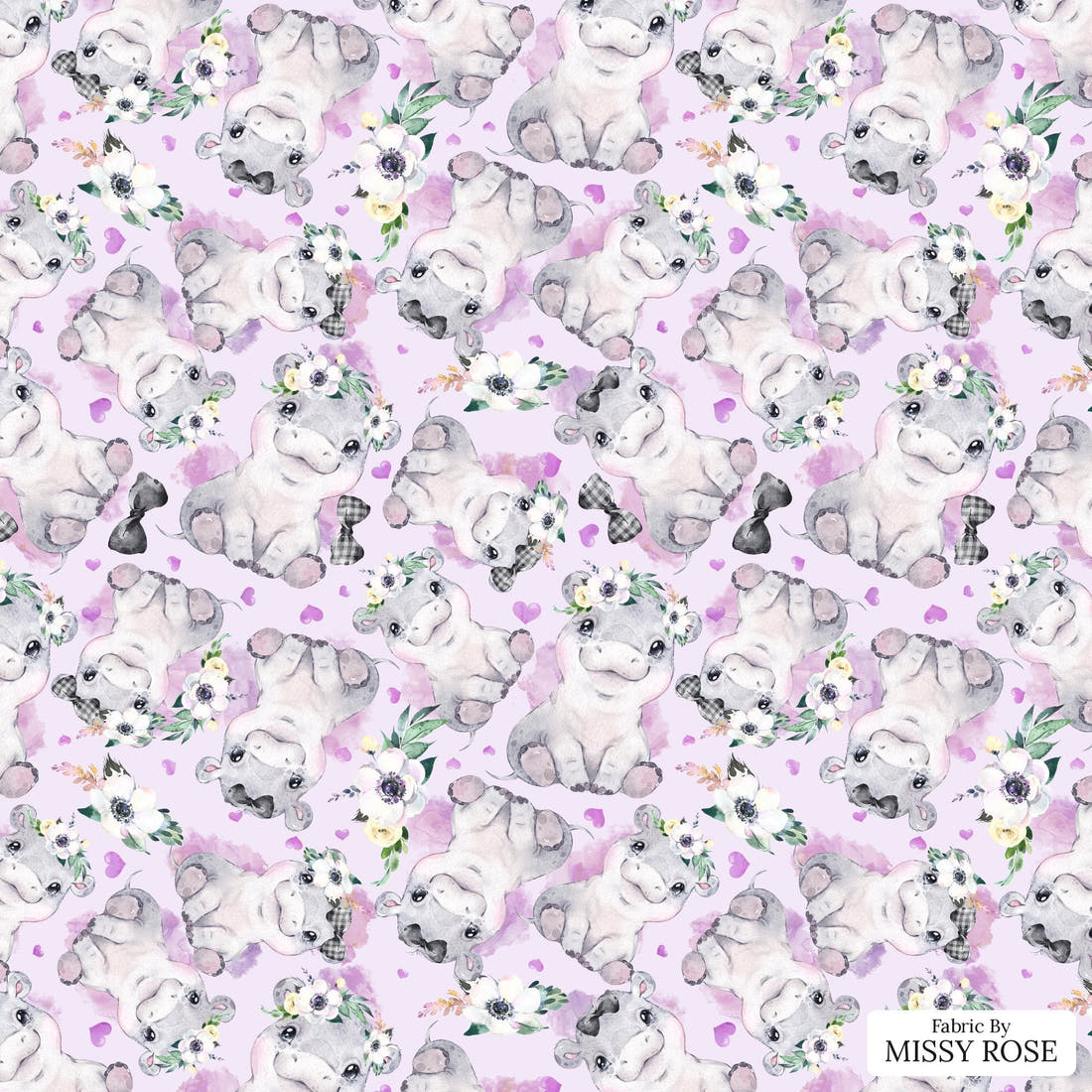 Design 1049 Purple Hippo Fabric – flat view of the print, zoom in for detail | Fabric by Missy Rose