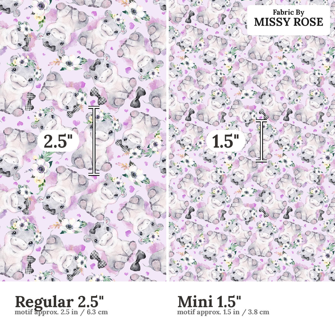 Design 1049 Purple Hippo Fabric Regular 2.5 inch vs Mini 1.5 inch print scale side by side | Fabric by Missy Rose