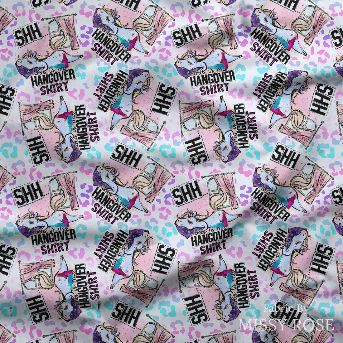 Design 105 Hangover Shirt Fabric draped fabric mockup – custom printed fabric by the metre | Fabric by Missy Rose