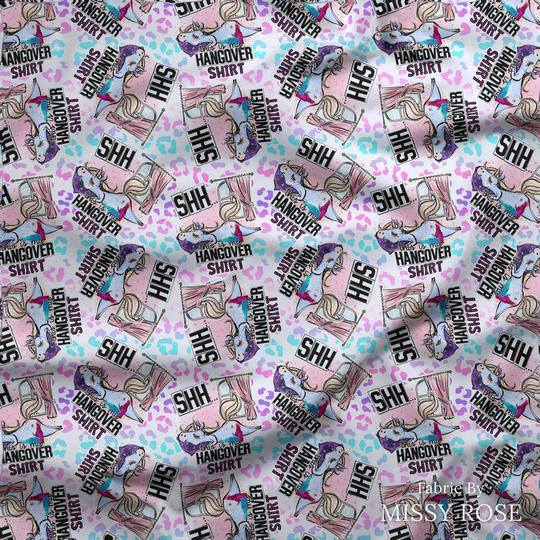Design 105 Hangover Shirt Fabric draped fabric mockup – custom printed fabric by the metre | Fabric by Missy Rose