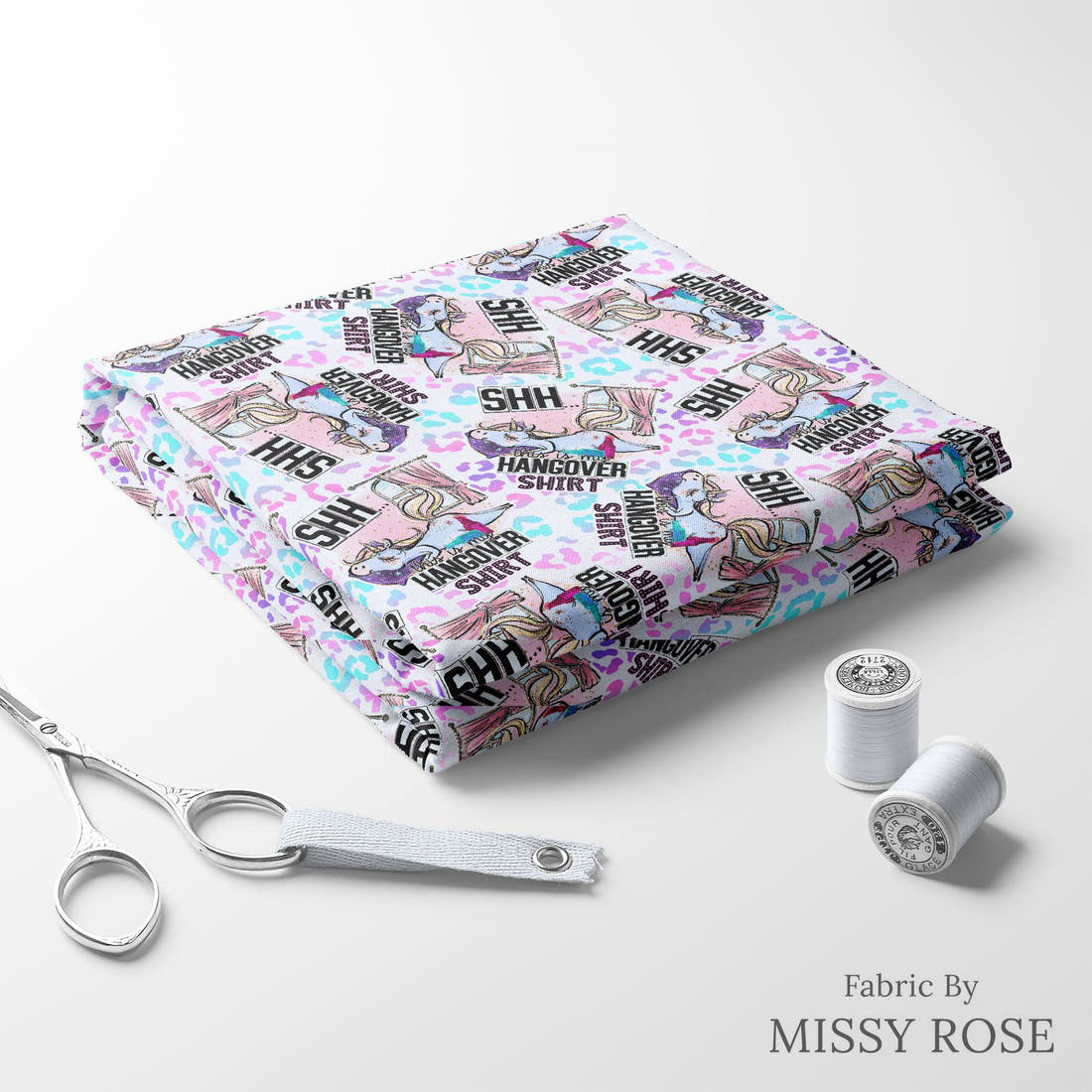 Design 105 Hangover Shirt Fabric folded fabric stack with matching thread – pre-order fabric Australia | Fabric by Missy Rose