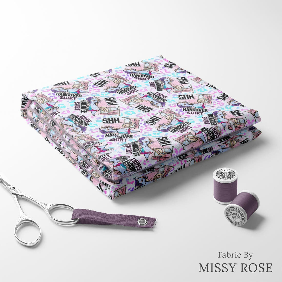 Design 105 Hangover Shirt Fabric folded fabric stack with matching thread – pre-order fabric Australia | Fabric by Missy Rose