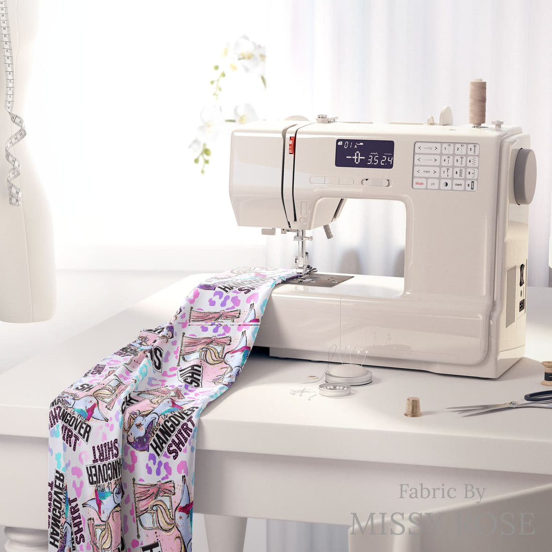 Design 105 Hangover Shirt Fabric on a sewing machine – premium fabric for sewing projects | Fabric by Missy Rose