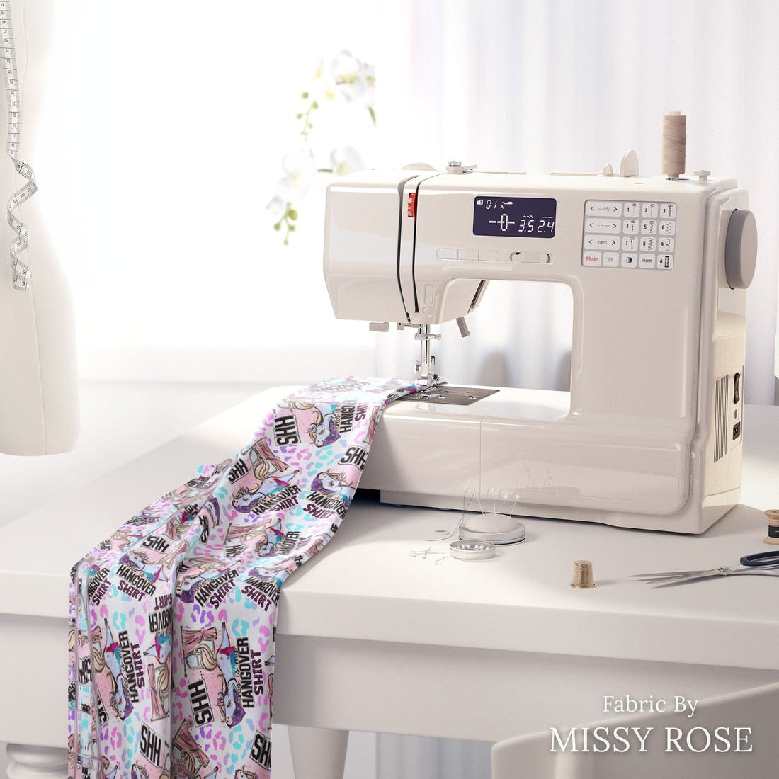 Design 105 Hangover Shirt Fabric on a sewing machine – premium fabric for sewing projects | Fabric by Missy Rose