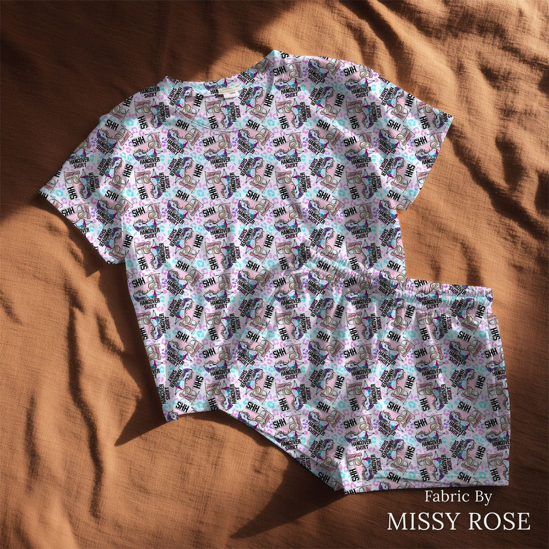 Design 105 Hangover Shirt Fabric sewn into a lounge set – see how the print looks made up | Fabric by Missy Rose