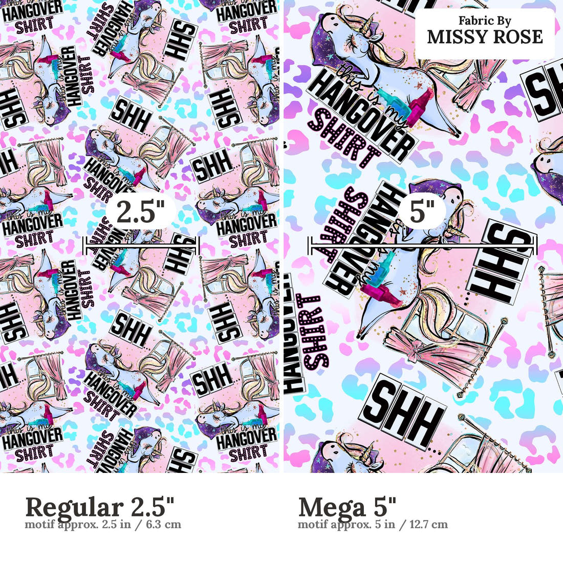 Design 105 Hangover Shirt Fabric size comparison - print scale | Fabric by Missy Rose