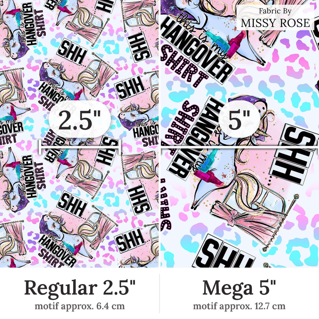 Design 105 Hangover Shirt Fabric Regular 2.5 inch vs Mega 5 inch print scale side by side | Fabric by Missy Rose