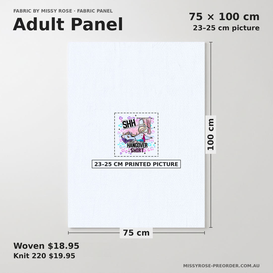 Design 105 Hangover Shirt Panel adult panel sizing – 23–25 cm printed picture on 75 × 100 cm fabric | Fabric by Missy Rose