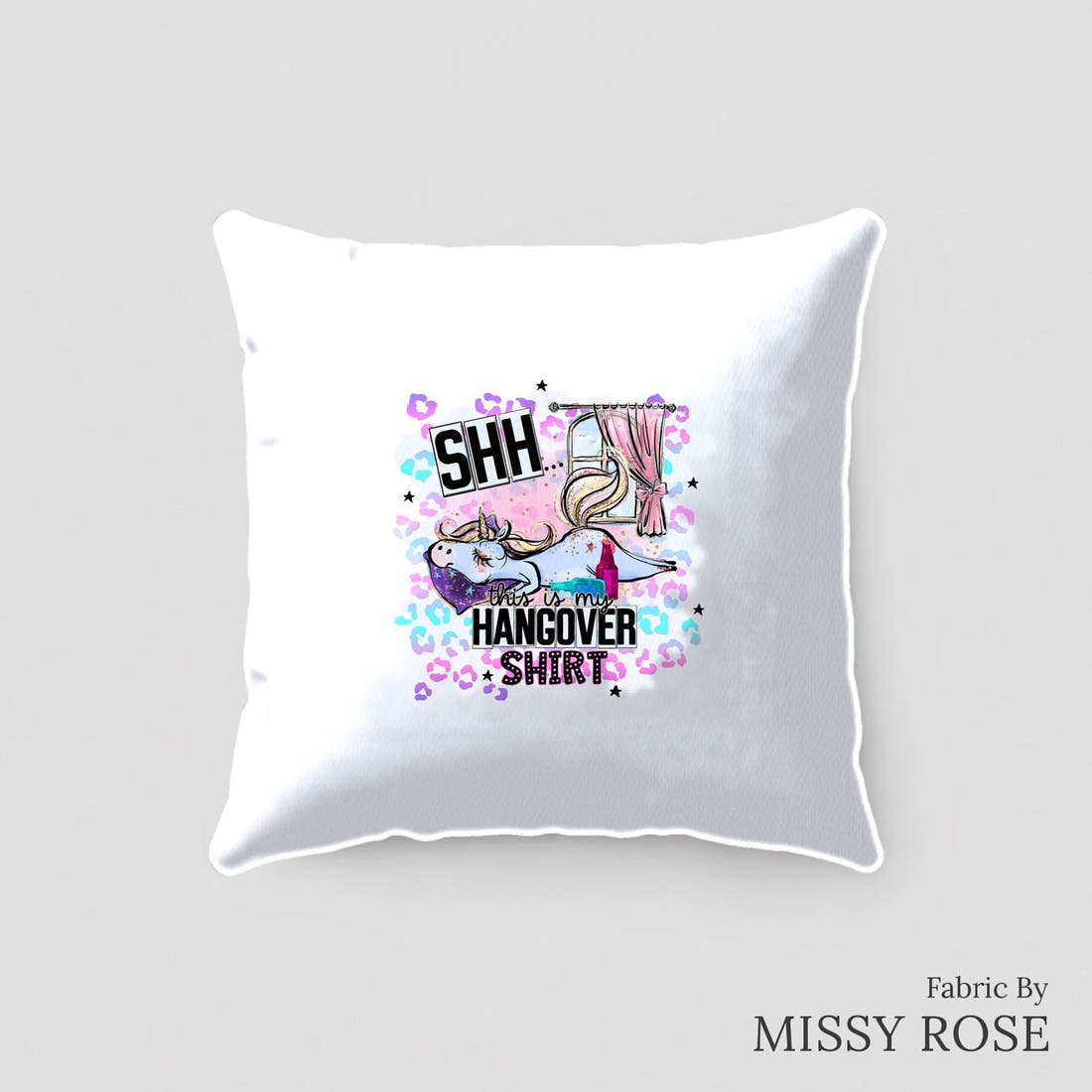 Design 105 Hangover Shirt Panel sewn into a cushion – see how the panel looks made up | Fabric by Missy Rose