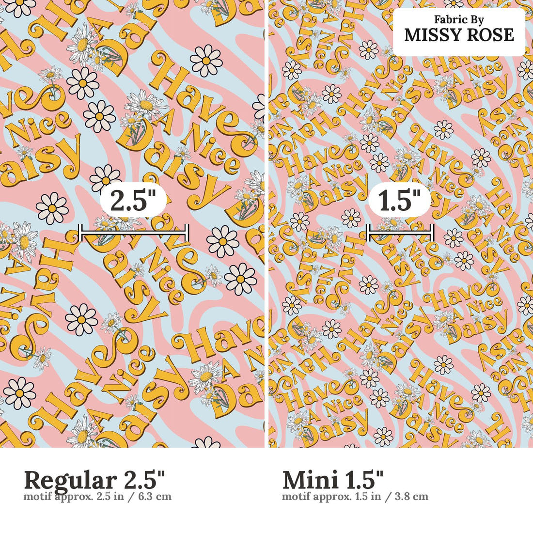 Design 1050 Daisy Fabric Regular 2.5 inch vs Mini 1.5 inch print scale side by side | Fabric by Missy Rose