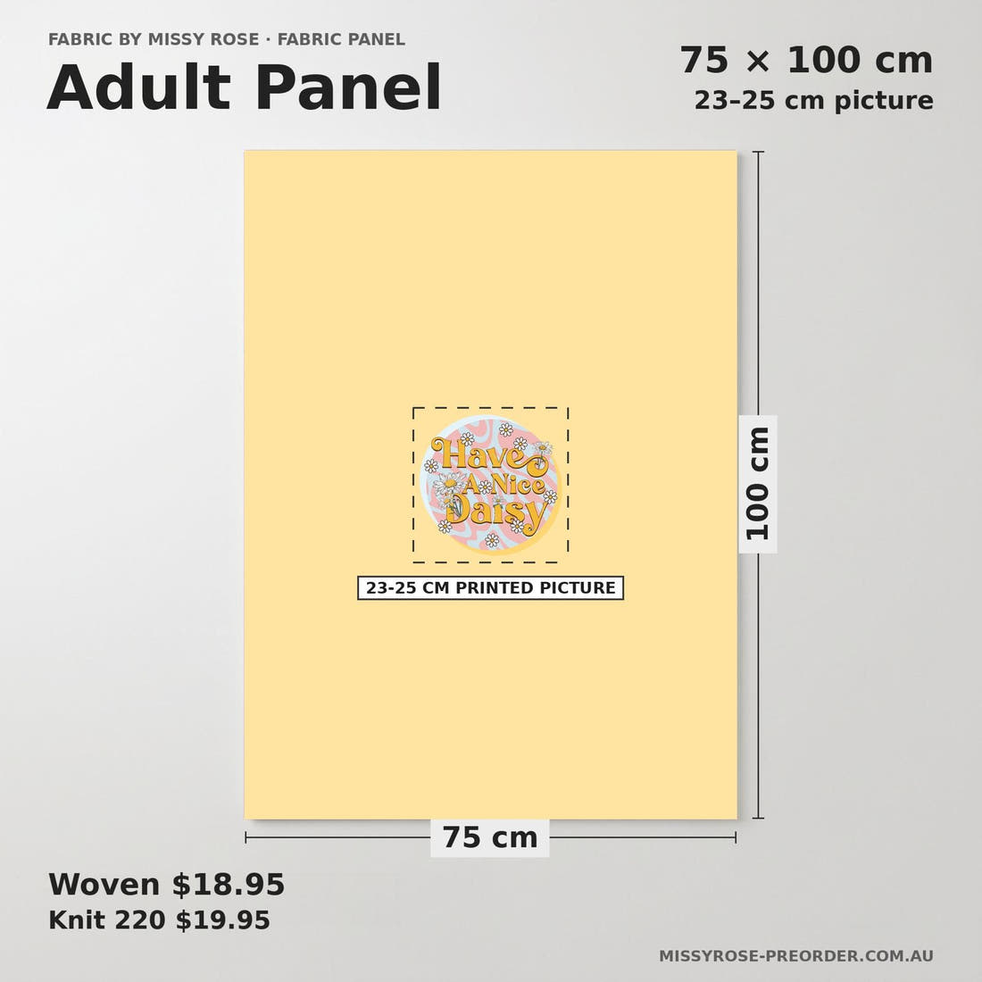 Design 1050 Daisy Panel adult panel sizing – 23–25 cm printed picture on 75 × 100 cm fabric | Fabric by Missy Rose