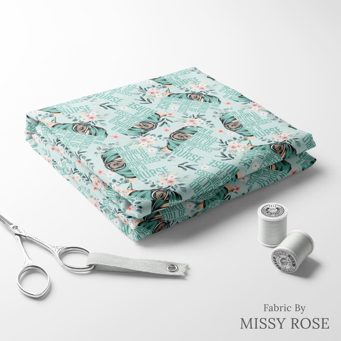 Design 1051 Nurse Fabric folded fabric stack with matching thread – pre-order fabric Australia | Fabric by Missy Rose
