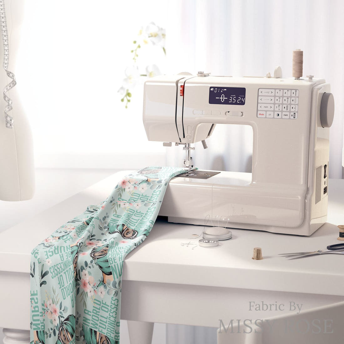 Design 1051 Nurse Fabric on a sewing machine – premium fabric for sewing projects | Fabric by Missy Rose