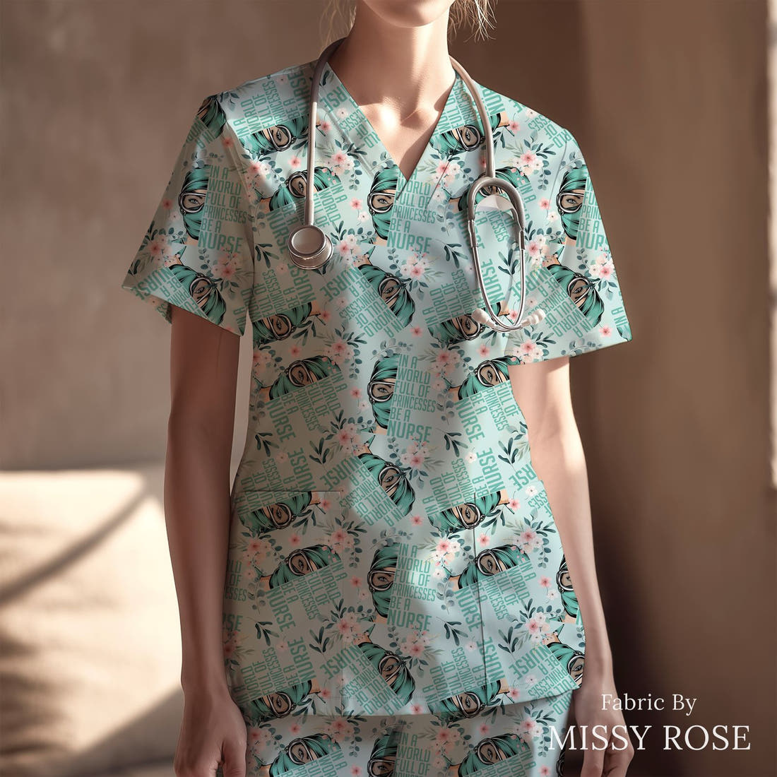 Design 1051 Nurse Fabric sewn into a scrubs top – see how the print looks made up | Fabric by Missy Rose