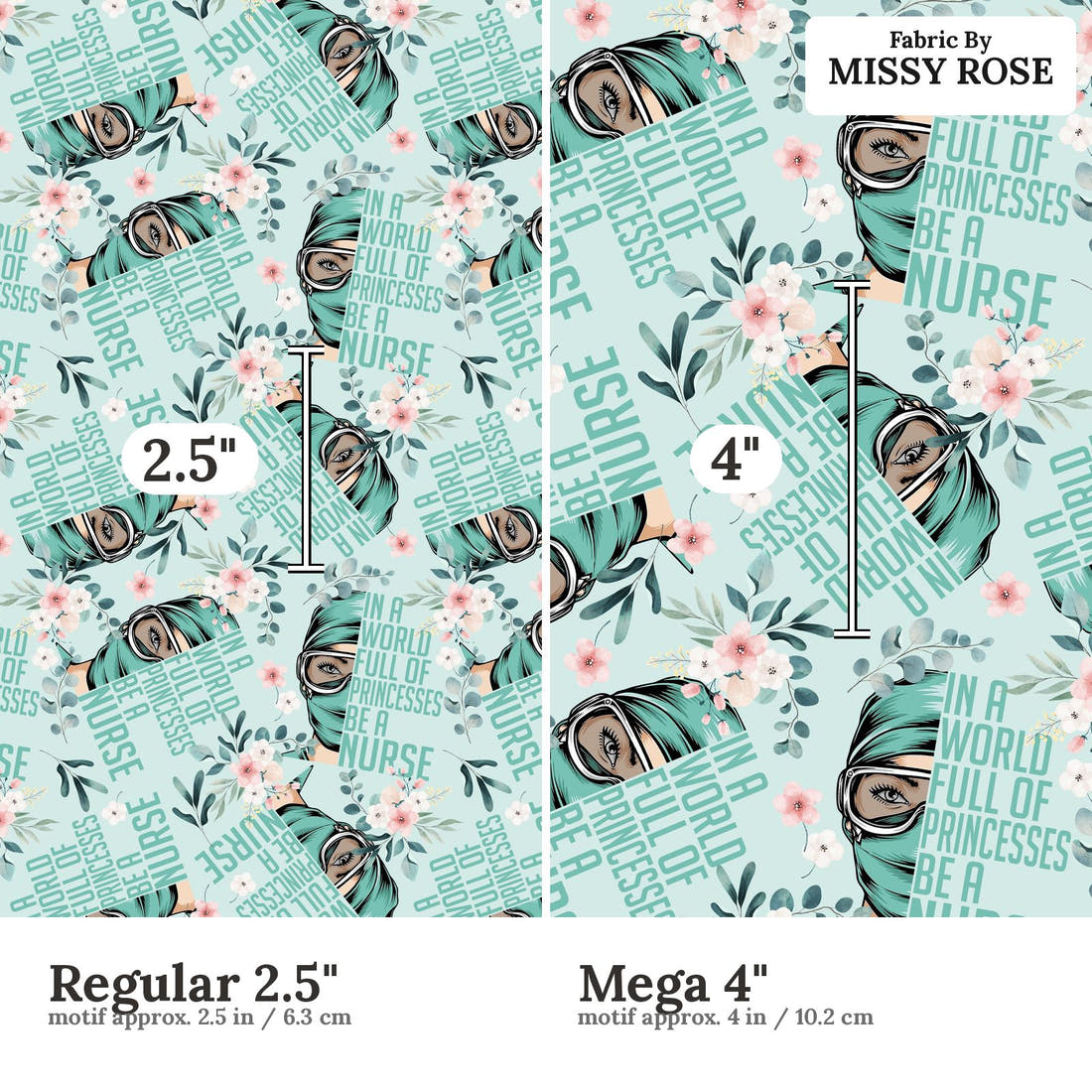 Design 1051 Nurse Fabric Regular 2.5 inch vs Mega 4 inch print scale side by side | Fabric by Missy Rose