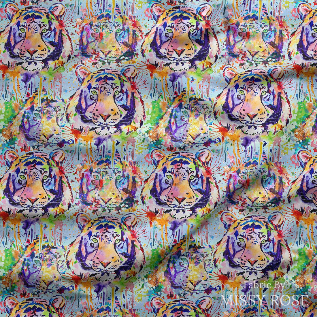 Design 1052 Watercolour Tiger Fabric draped fabric mockup – custom printed fabric by the metre | Fabric by Missy Rose