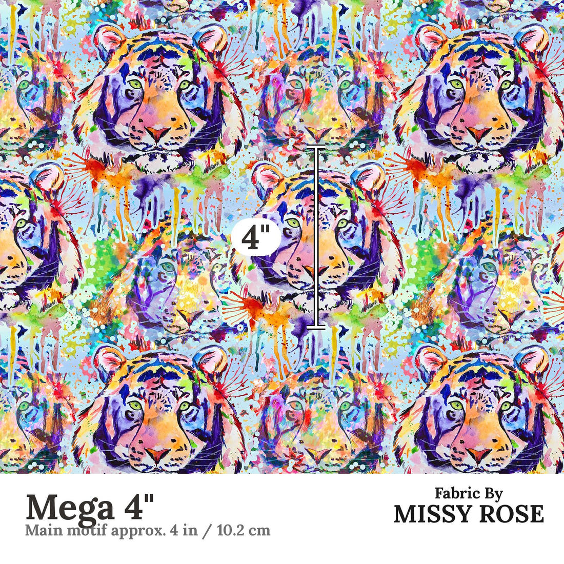 Design 1052 Watercolour Tiger Fabric Mega 4 inch print scale guide | Fabric by Missy Rose
