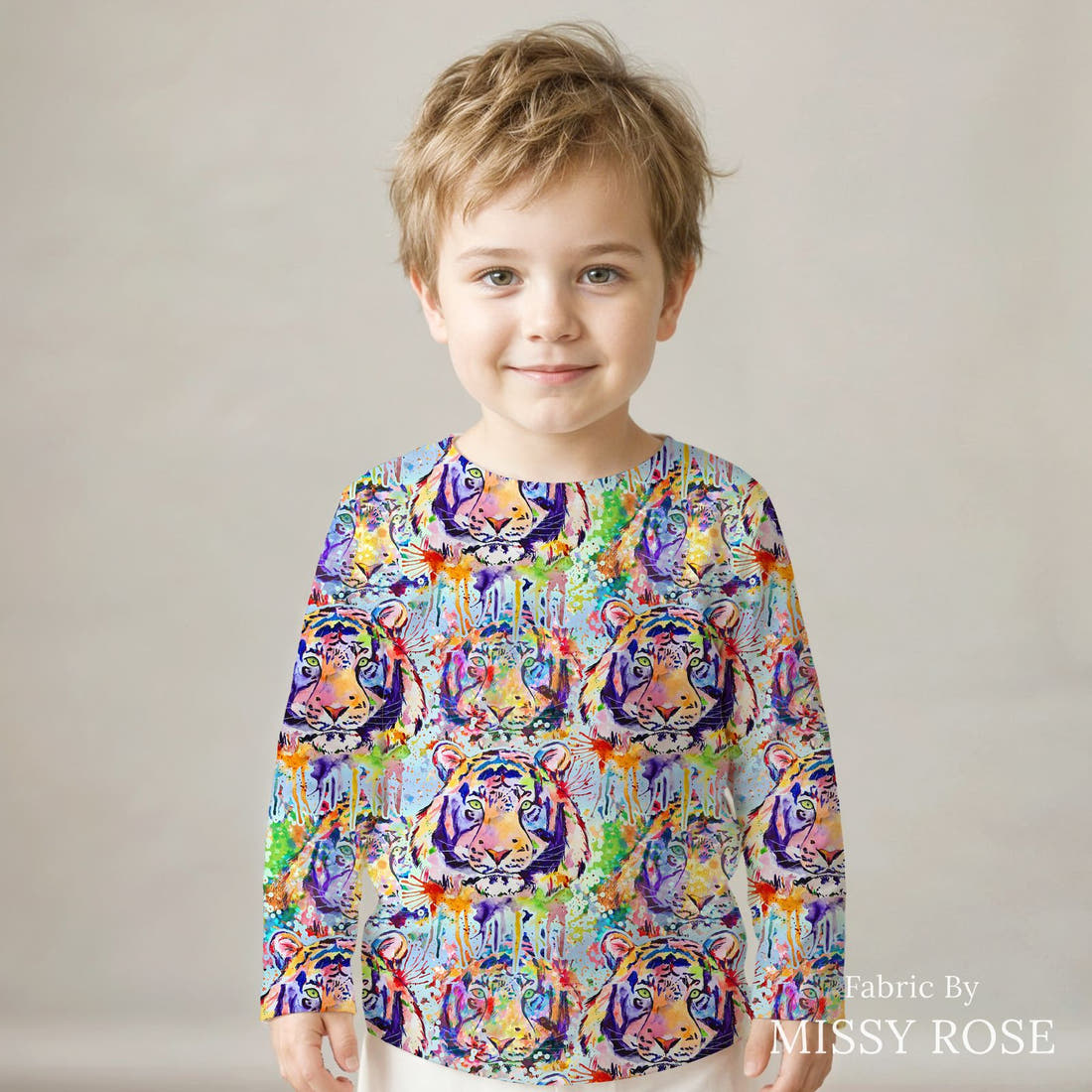 Design 1052 Watercolour Tiger Fabric sewn into a kids' long sleeve top – see how the print looks made up | Fabric by Missy Rose