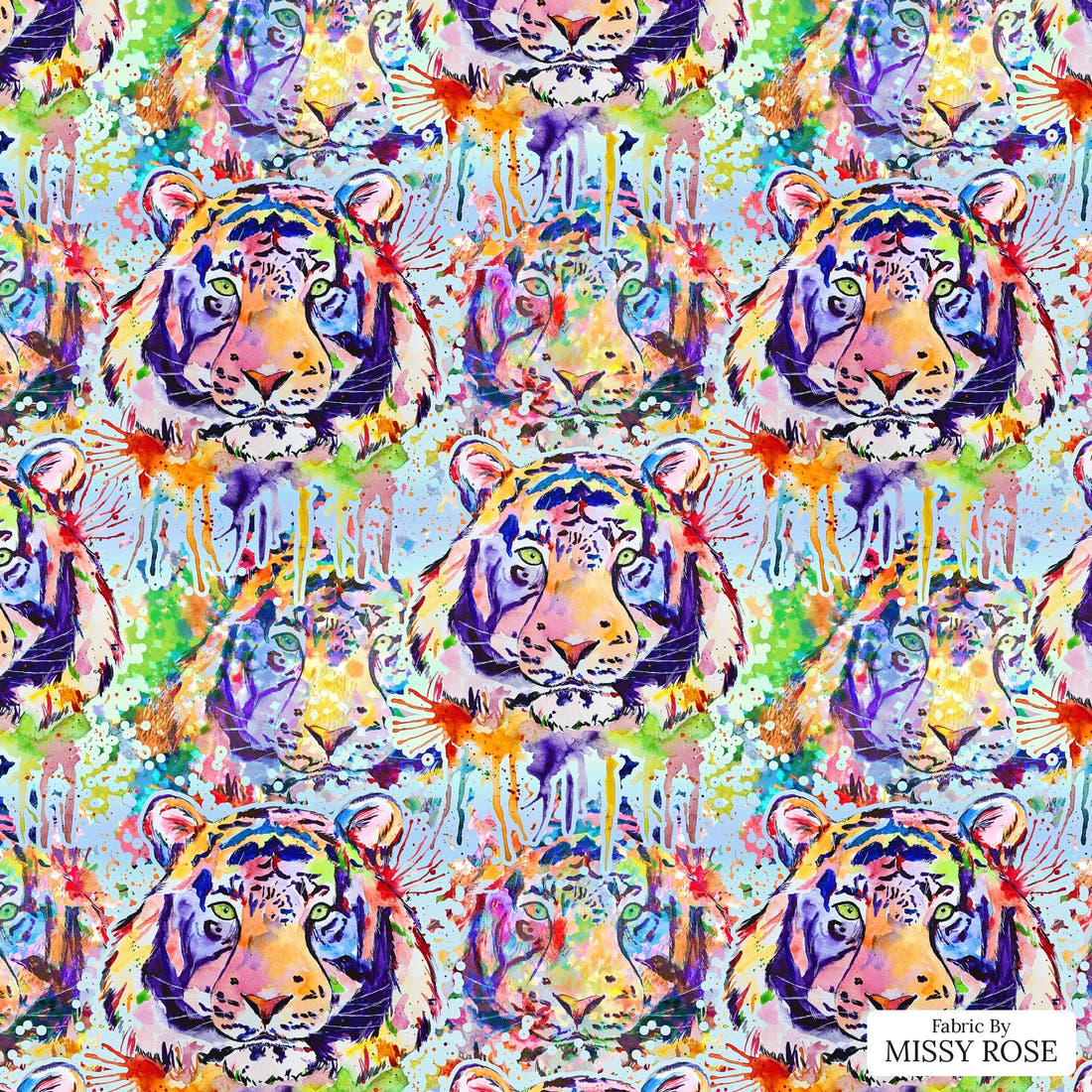 Design 1052 Watercolour Tiger Fabric – flat view of the print, zoom in for detail | Fabric by Missy Rose