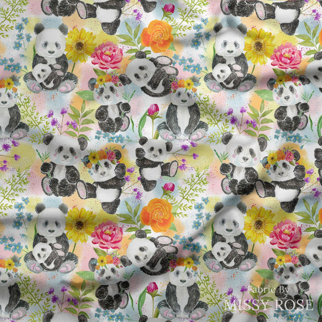 Design 1053 Floral Panda Fabric draped fabric mockup – custom printed fabric by the metre | Fabric by Missy Rose