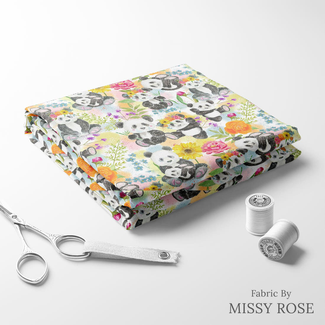 Design 1053 Floral Panda Fabric folded fabric stack with matching thread – pre-order fabric Australia | Fabric by Missy Rose