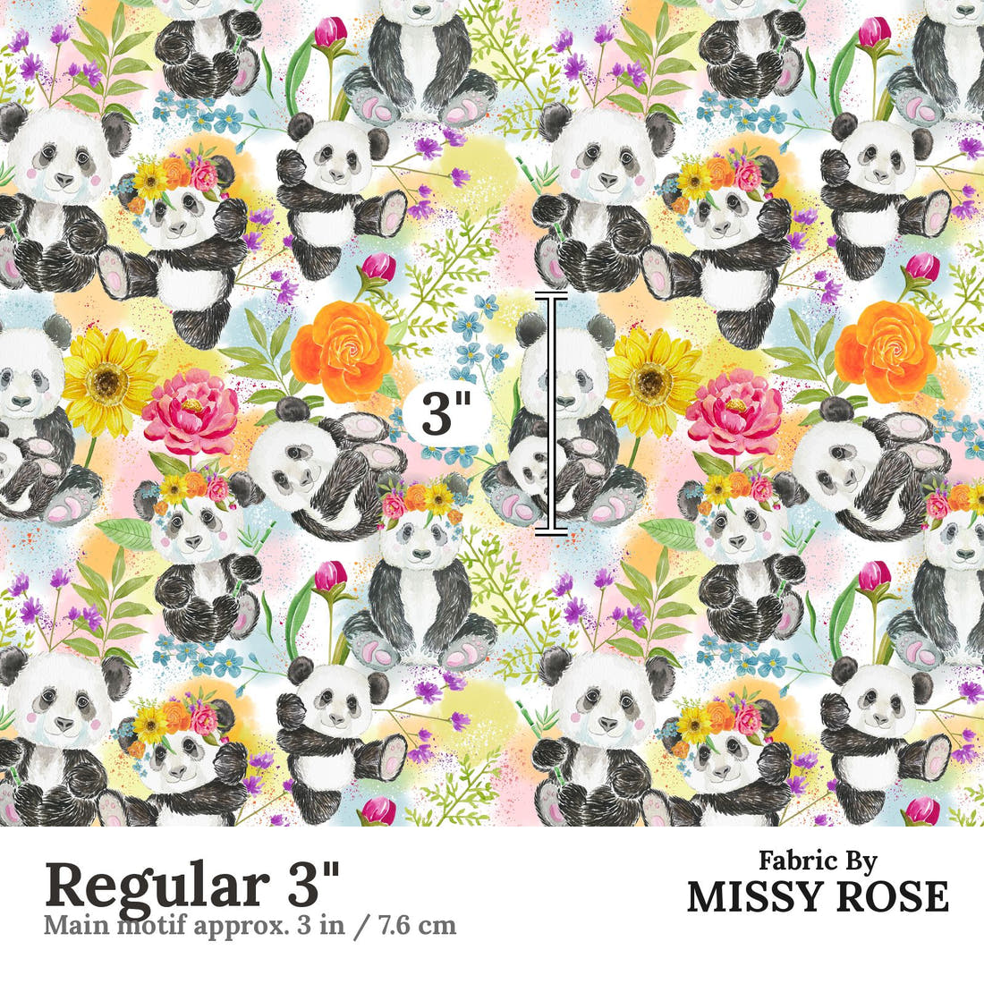 Design 1053 Floral Panda Fabric Regular 3 inch print scale guide | Fabric by Missy Rose